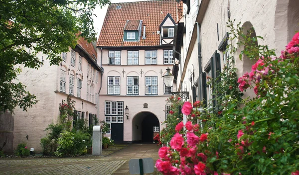 Bellissimo cortile con piante e fiori nella strada del centro storico, Lubecca, Germania — Foto Stock