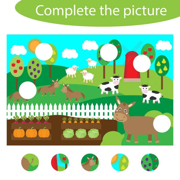Dokončete skládačku a najděte chybějící části obrázku, zemědělské živočichy zábavná vzdělávací hra pro děti, listové aktivity pro děti, úkol pro vývoj logického myšlení, vektor — Stockový vektor