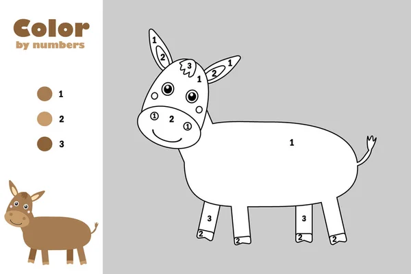 Burro en estilo de dibujos animados, color por número, juego de papel educativo para el desarrollo de los niños, página para colorear, actividad preescolar para niños, hoja de trabajo imprimible, ilustración vectorial — Archivo Imágenes Vectoriales