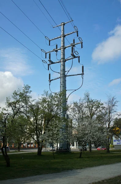 Power line support, high voltage, insulators and wires — Stock Photo, Image