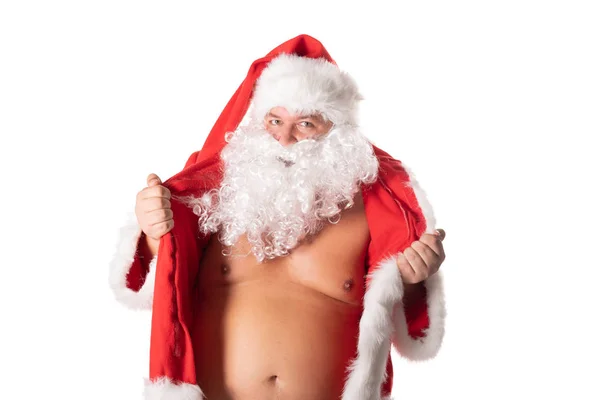 Funny fat man with big belly in Santa costume. Christmas and New Year