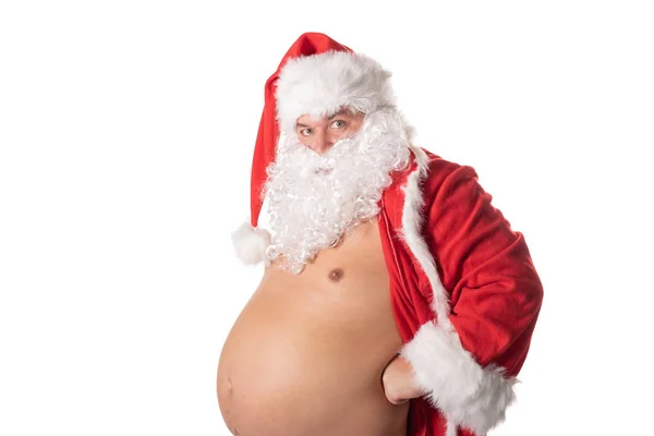 Roliga Fat Man Med Stor Mage Santa Dräkt Jul Och — Stockfoto