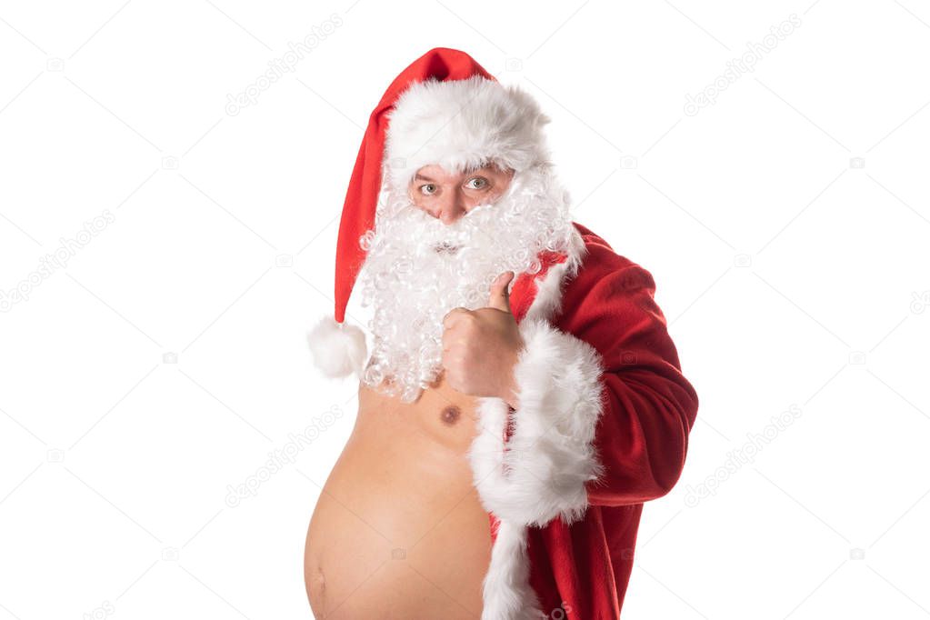 Funny fat man with big belly in Santa costume. Christmas and New Year