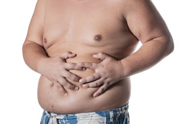 Büyük göbek ile şişman adam. Sağlık sorunları. Obezite, hasta bir karaciğer