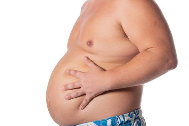Fat man with big belly. Health problems. Obesity, a sick liver clipart