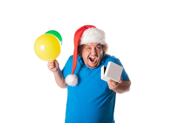 Zabawny Grubas Santa Hat Balonów Prezenty Święta Prezenty Emocje — Zdjęcie stockowe