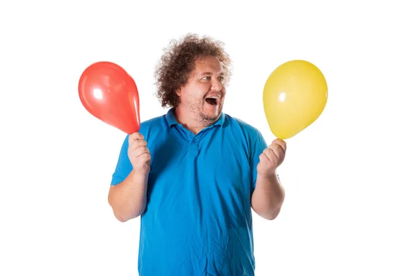 Rolig Fet Man Med Ballonger Grattis Födelsedagen Glädje Och Kul — Stockfoto