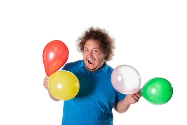 Rolig Fet Man Med Ballonger Grattis Födelsedagen Glädje Och Kul — Stockfoto