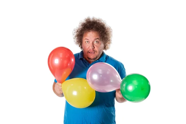 Hombre Gordo Divertido Con Globos Feliz Cumpleaños Alegría Diversión — Foto de Stock