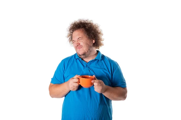 Hombre Gordo Divertido Con Taza Buenos Días Bebida Caliente — Foto de Stock