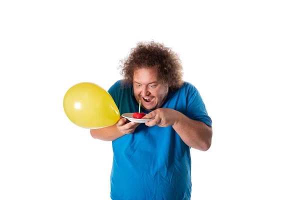 Homem Gordo Engraçado Com Bolo Balões Feliz Aniversário Alegria Diversão — Fotografia de Stock