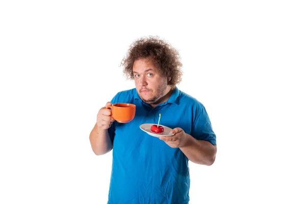 Hombre Gordo Divertido Con Taza Pastel Feliz Cumpleaños Alegría Diversión — Foto de Stock