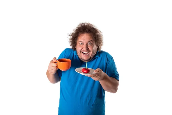 Homem Gordo Engraçado Com Caneca Bolo Feliz Aniversário Alegria Diversão — Fotografia de Stock