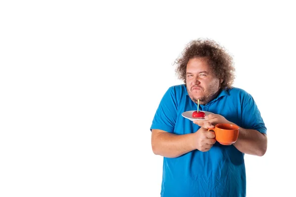 Hombre Gordo Divertido Con Taza Pastel Feliz Cumpleaños Alegría Diversión — Foto de Stock