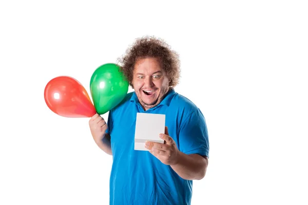 Lustiger Dicker Mann Mit Geschenk Und Luftballons Alles Gute Zum — Stockfoto