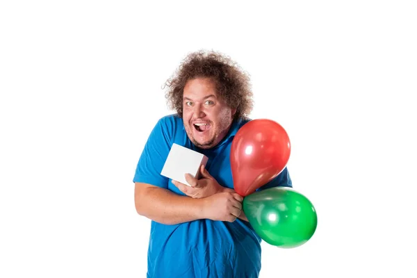 Śmieszne Gruby Mężczyzna Prezent Balony Wszystkiego Najlepszego Okazji Urodzin Radość — Zdjęcie stockowe