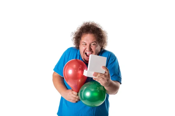 Rolig Fet Man Med Gåva Och Ballonger Grattis Födelsedagen Glädje — Stockfoto