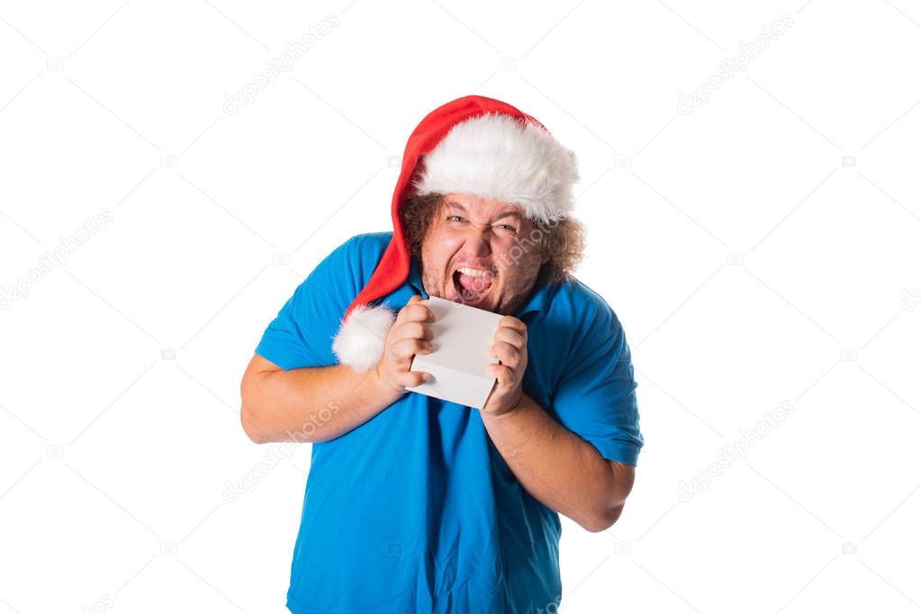 Funny fat man in Santa hat with gifts. Christmas and presents. Emotions