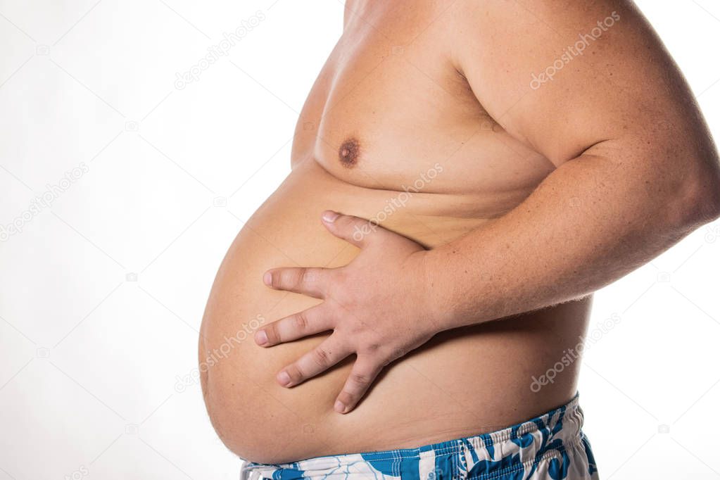 Fat man with big belly. Health problems. Obesity, a sick liver