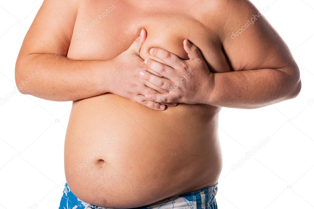 Fat man with big belly. Health problems. Obesity, a heartattack