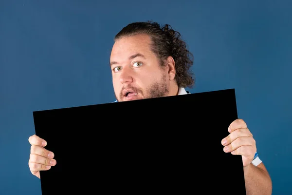 Fat Funny Man Holding Black Writing Board — Stock Photo, Image
