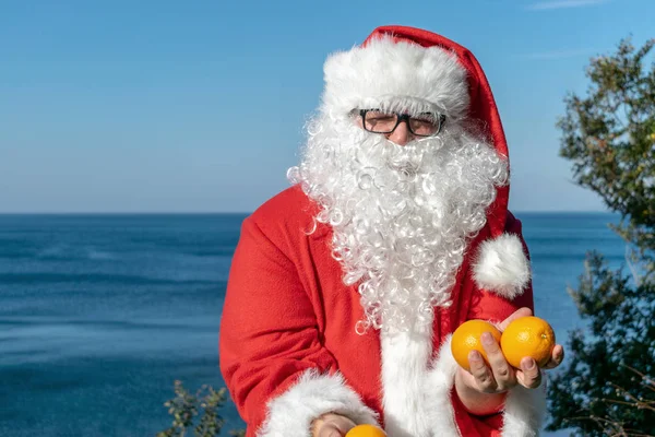 Kövér Ember Szemüveg Öltözött Santa Tangerine Tartja Óceán — Stock Fotó