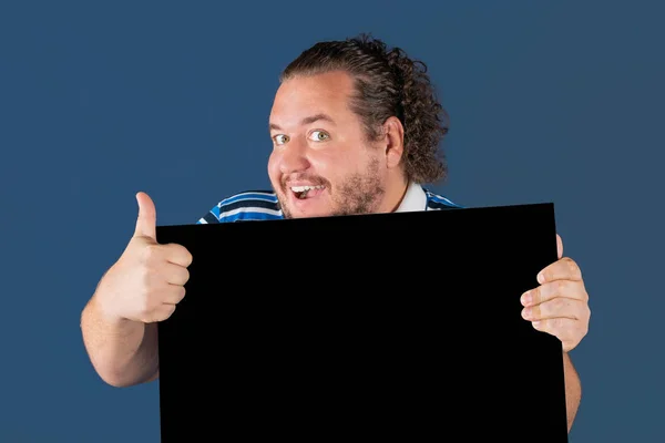 Fat Funny Man Holding Black Writing Board — Stock Photo, Image