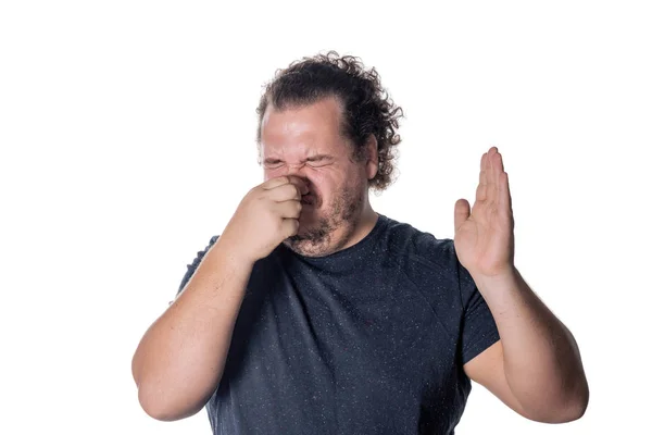 Young Man Holds Pinches His Nose Shut Because Stinky Smell — Stock Photo, Image