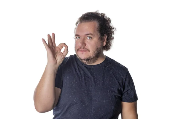 Fat Funny Man Shows Sign Demonstrates Everything Fine Gestures White — Stock Photo, Image