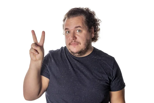 Portrait Funny Fat Man Showing Peace Sign Victory Gesture — Stock Photo, Image