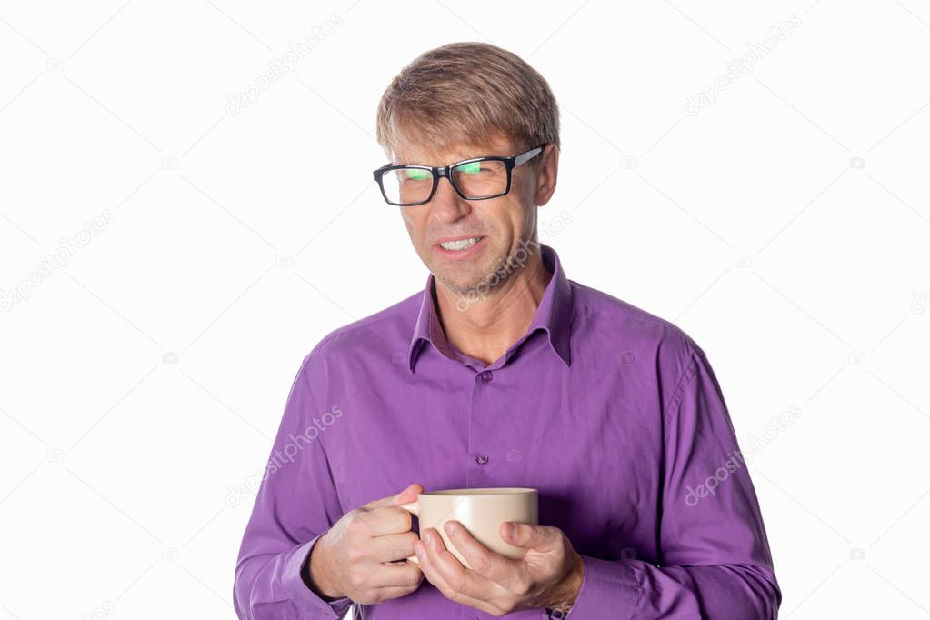 Handsome middle age man with cup of coffee isolated
