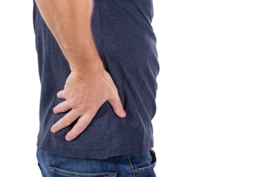 Onun yanında acı acı adam. Beyaz arka plan. Mide, karaciğer ağrısı, pankreas, böbrek