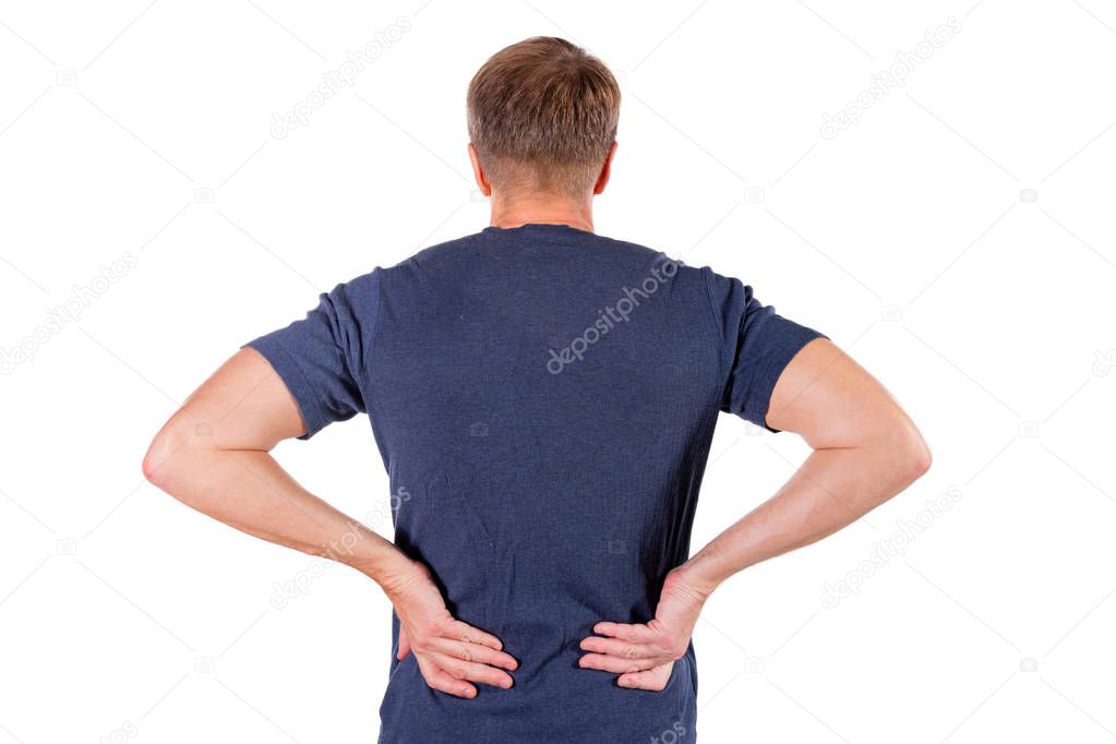 Man holding his painful inflamed loin. Health care and medicine.