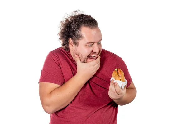 Um gordo engraçado a comer hambúrguer. Comida rápida, comida insalubre. Sobrepeso e problemas de saúde — Fotografia de Stock