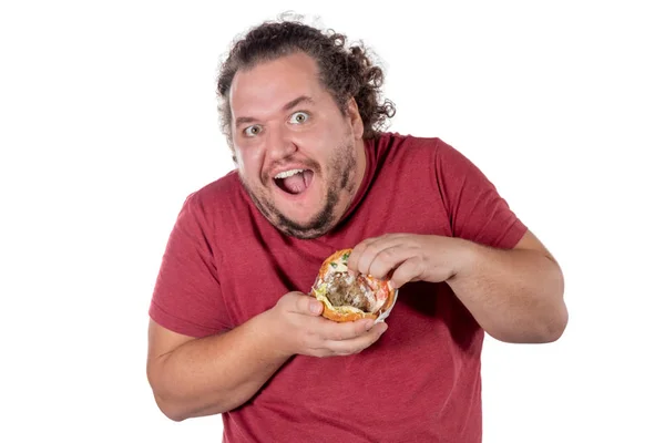 Grappige Dikke Man Eten Hamburger Fastfood Unhealty Eten — Stockfoto