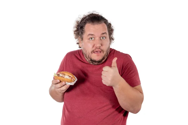 Funny Fat Man Eating Hamburger Fast Food Unhealty Eat — Stock Photo, Image