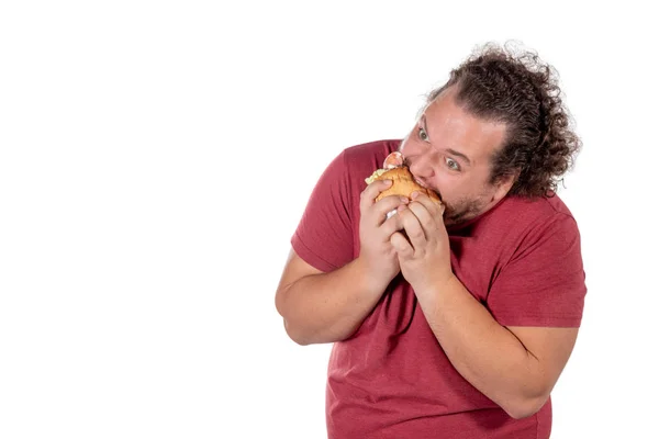 Grappige Dikke Man Eten Hamburger Fastfood Unhealty Eten — Stockfoto