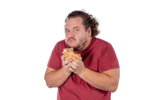 Funny Fat Man Eating Hamburger Fast Food Unhealty Eat — Stock Photo, Image