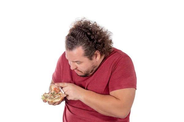Hombre Gordo Divertido Comiendo Hamburguesa Comida Rápida Comida Malsana — Foto de Stock