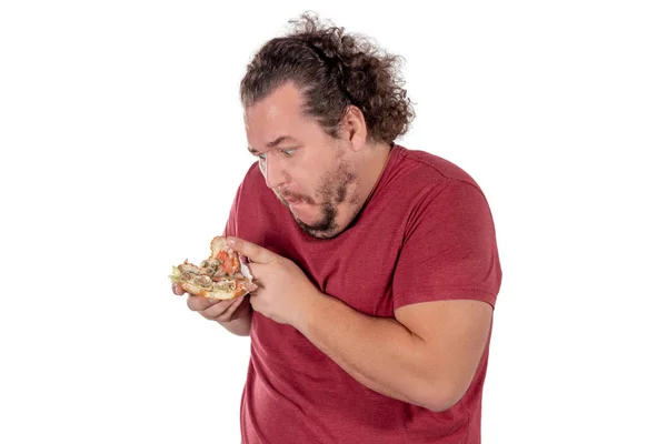 Komik Şişman Adam Yeme Hamburger Unhealty Fast Food Yemek — Stok fotoğraf