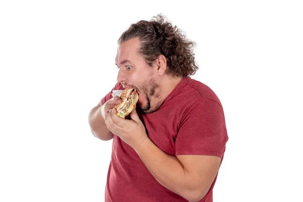Ciccione Buffo Che Mangia Hamburger Fast Food Cibi Non Salutari — Foto Stock
