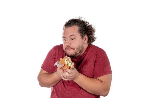 Lustig Fetter Mann Der Hamburger Isst Fast Food Ungesundes Essen — Stockfoto