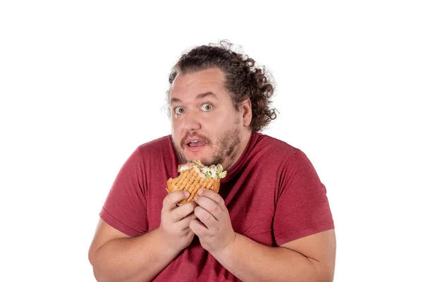 Lustig Fetter Mann Der Hamburger Isst Fast Food Ungesundes Essen — Stockfoto