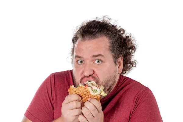 Funny Fat Man Eating Hamburger Fast Food Unhealty Eat — Stock Photo, Image