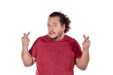 Şişko mutlu parmak ve gülümsüyor beyaz arka plan üzerinde gösterir