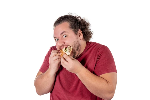 Hombre Gordo Divertido Comiendo Hamburguesa Comida Rápida Comida Malsana — Foto de Stock