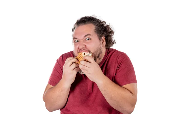 Hombre Gordo Divertido Comiendo Hamburguesa Comida Rápida Comida Malsana — Foto de Stock