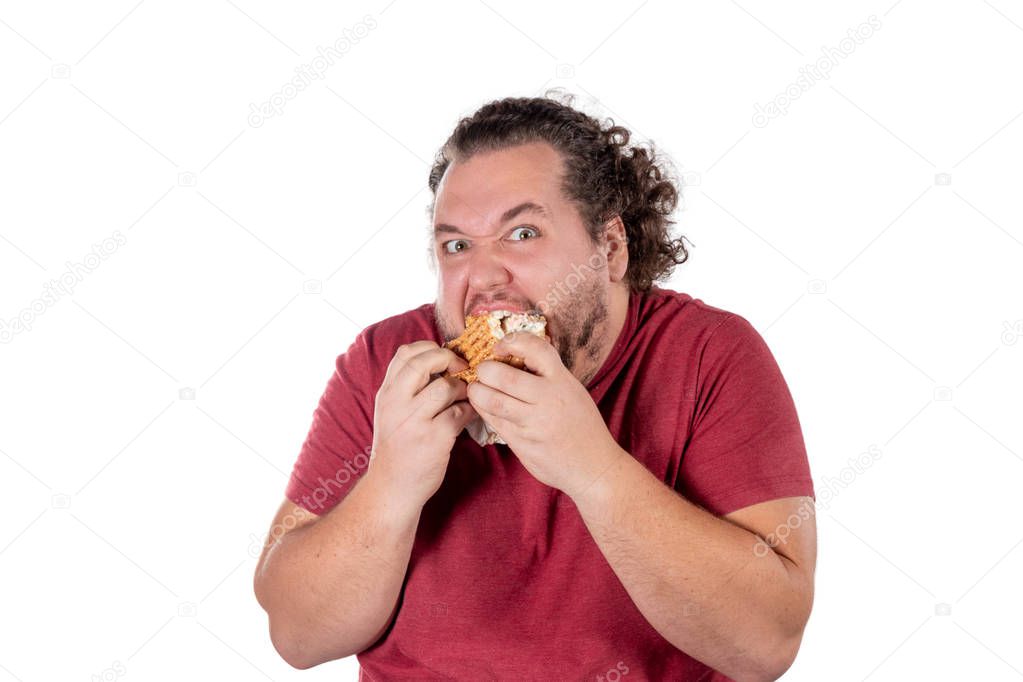 Funny fat man eating hamburger. Fast food, unhealty eat