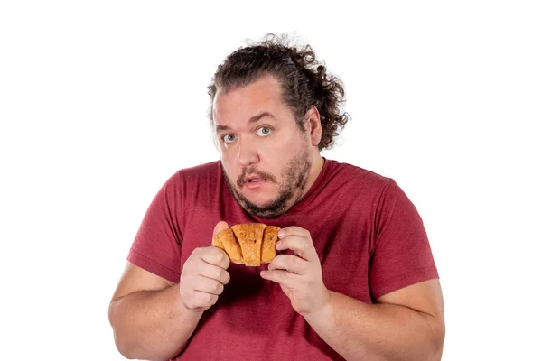 Funny Fat Man Eating Croissant — Stock Photo, Image