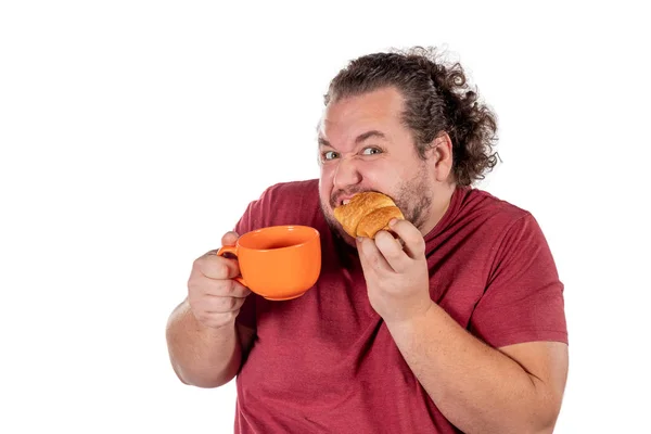 Hombre Gordo Divertido Comiendo Croissant — Foto de Stock